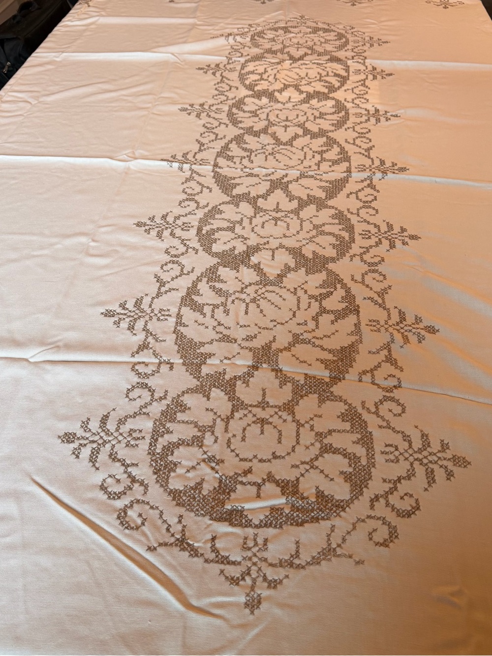 Ivory Cotton Large Rectangular Tablecloth Hand Cross Stitched Design Wavy Edge